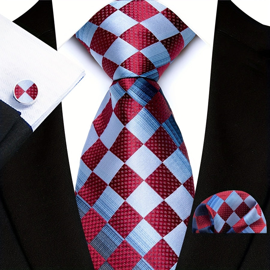 3pcs/set Plaid Pattern Tie Pocket Scarf Cuff Set for Suits - Premium Polyester Woven Accessories