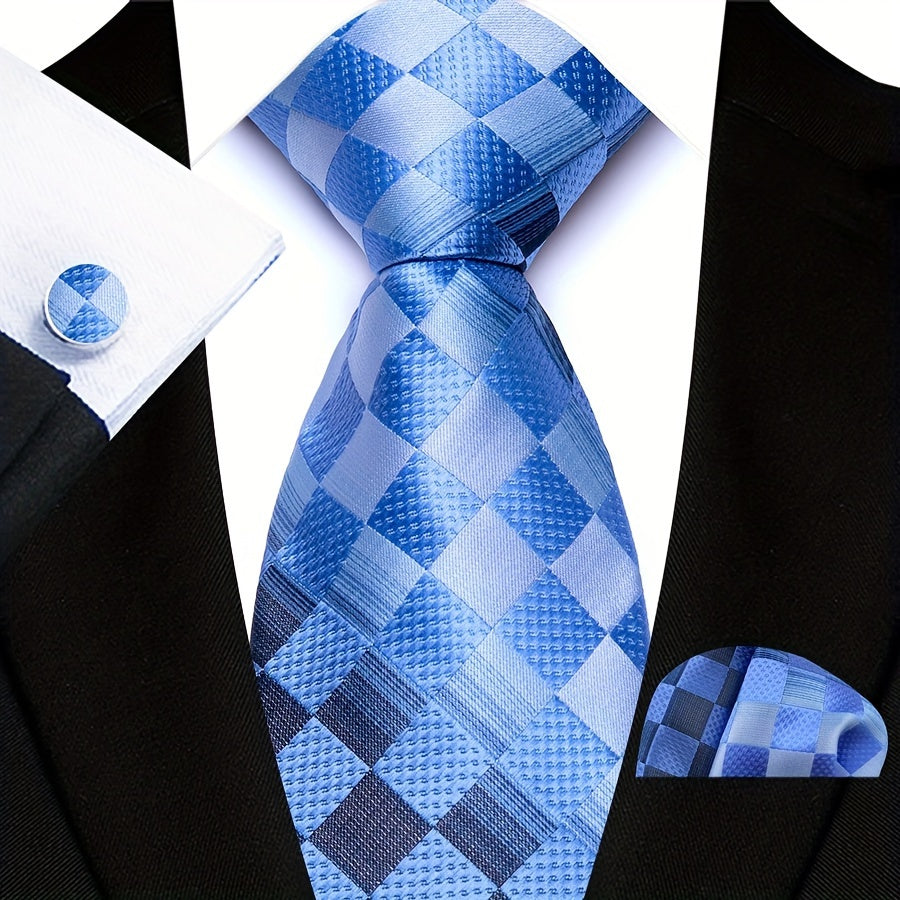 3pcs/set Plaid Pattern Tie Pocket Scarf Cuff Set for Suits - Premium Polyester Woven Accessories