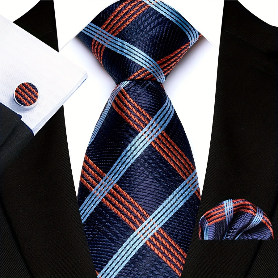 3pcs/set Plaid Pattern Tie Pocket Scarf Cuff Set for Suits - Premium Polyester Woven Accessories