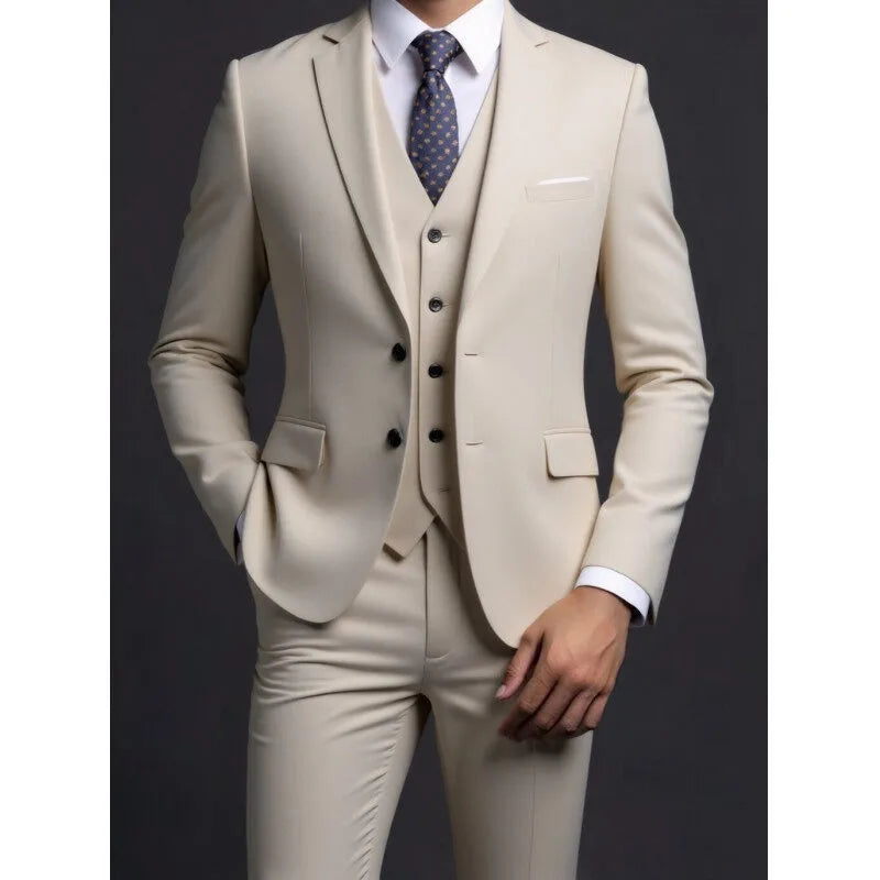 Suit (Blazer+ Vest + Trousers) Men's Fashionable Gentleman Business British Style Solid-color Banquet Host Casual Wedding Suit