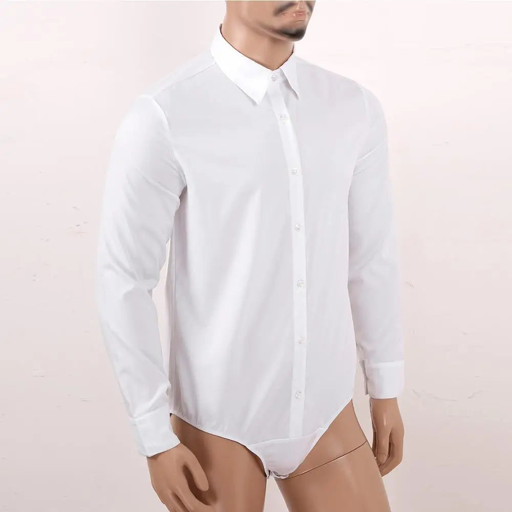 Mens Long Sleeves Turn-down Collar Button Down Solid Color Bodysuit Shirt Tops