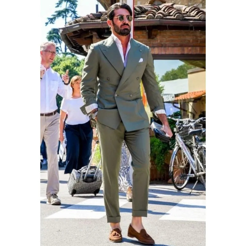 Two-piece Slim Fit Solid Color Double Breasted Spike Lapel