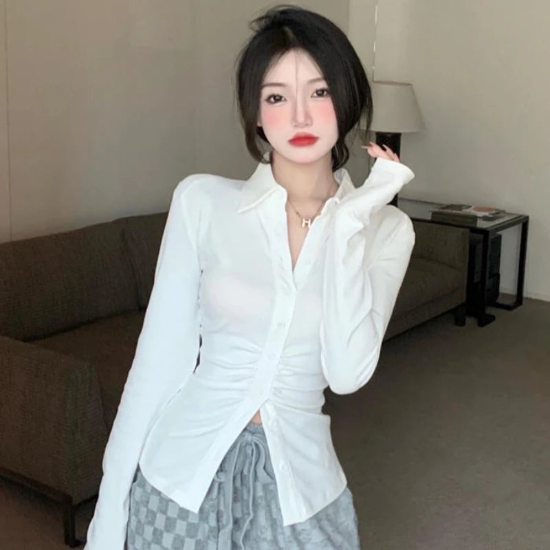 Solid Shirts Skinny Sexy Temperament Long Sleeve Camisas Tops