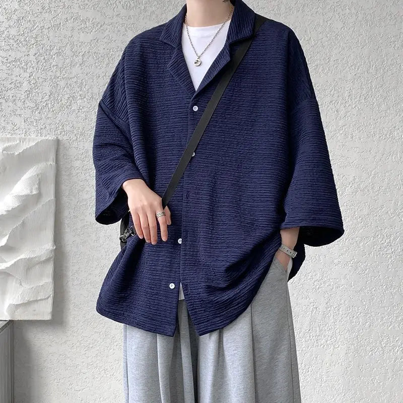 Solid Color Loose Temperament Button Three Quarter Sleeve V-neck Shirt