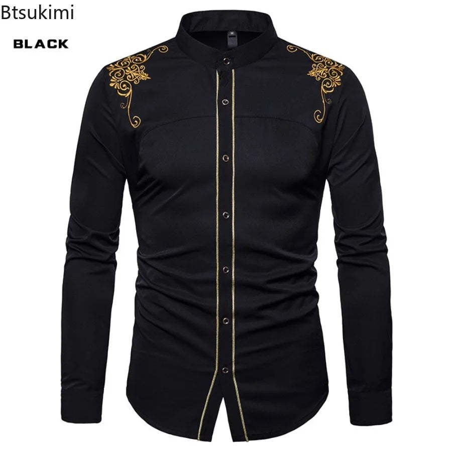 England Embroidery Long Sleeve Lapel Single-breasted Casual Dress Shirts