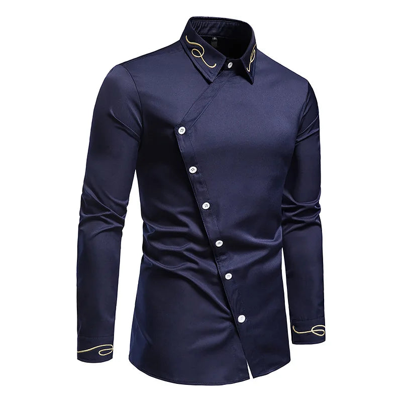 Men's Irregular Oblique Button Up Dress Elegant Embroidery Shirts