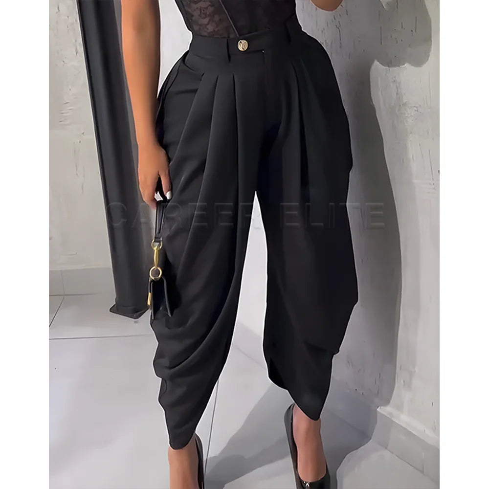 Crotch Trousers Chic White Drape Casual Elegant Pants