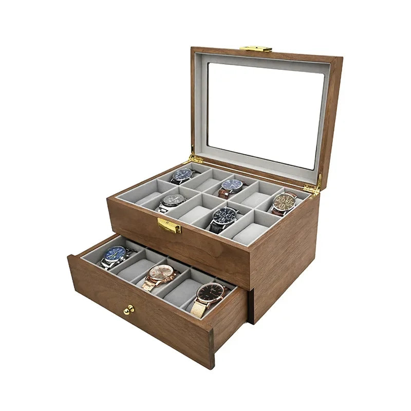 European Vintage Watch Box Organizer Inner Velvet Wood Watch Case Gold Tone Locking Mechanism Custom Logo Secure Display Storage