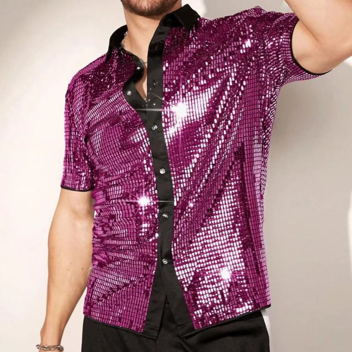 Shiny Sequin Short Sleeve Lapel Glitter Shirt