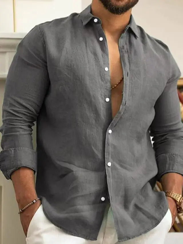 Solid Color Cotton Linen Plain Classic Button-up Lapel Long Sleeve Shirts