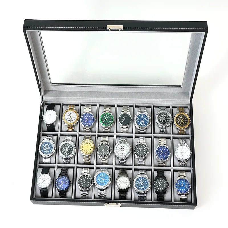 New 24 Slots Watch Storage Box PU Leather Wooden Watch Box Organizer 24 Grids Watch Display Case Jewelry Box for Watches Gifts
