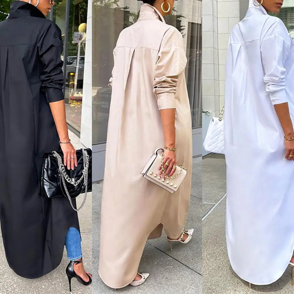 Women Windproof Dress Versatile Hem Solid Color Shirt Long Dress