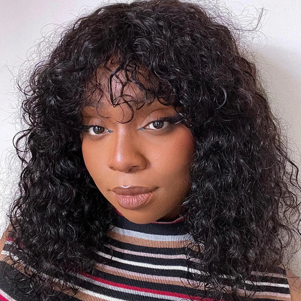 Curly Human Hair Wig With Bangs Brazilian Remy Funmi Short Bob Curly Wigs 180% Density Wig Water Wave Wig Natural Black