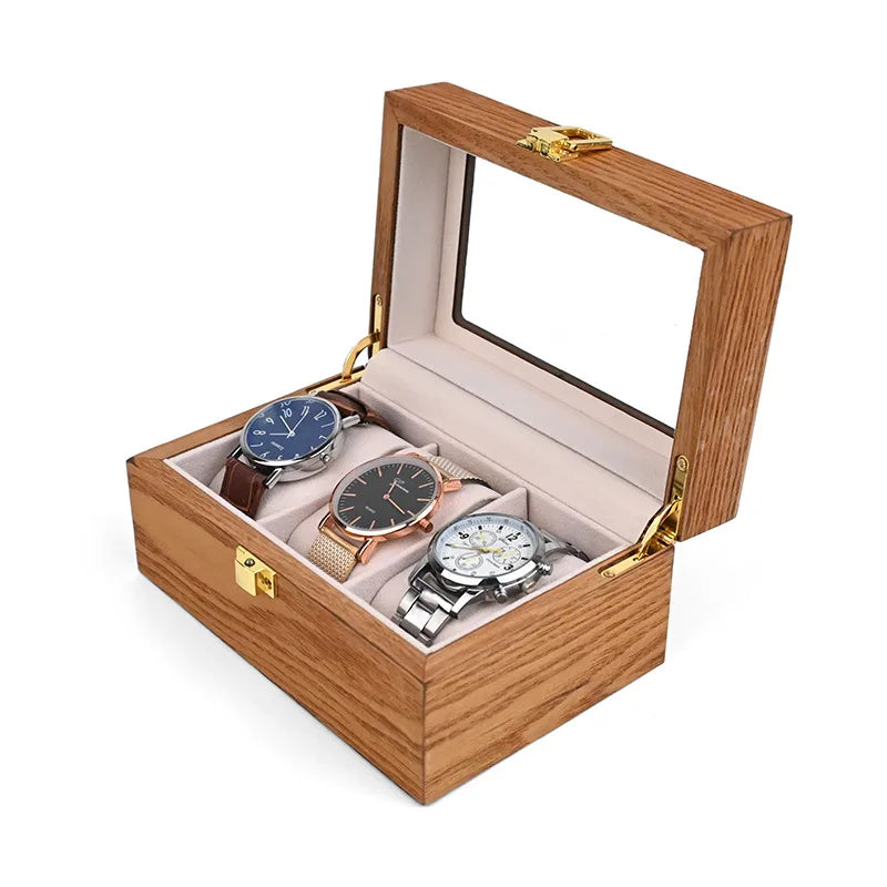 European Vintage Watch Box Organizer Inner Velvet Wood Watch Case Gold Tone Locking Mechanism Custom Logo Secure Display Storage