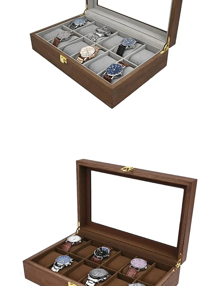 European Vintage Watch Box Organizer Inner Velvet Wood Watch Case Gold Tone Locking Mechanism Custom Logo Secure Display Storage
