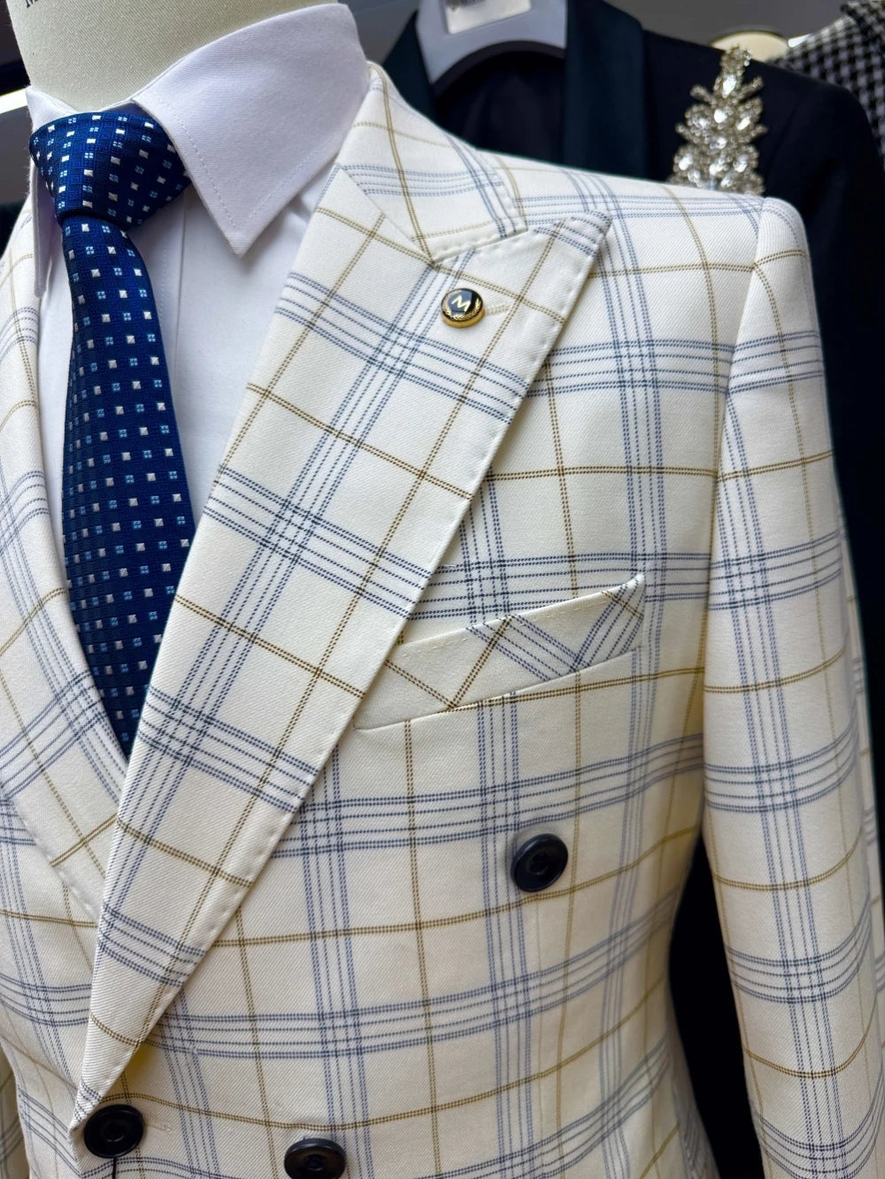 2 Pieces Classic Slim Fit Suits Double Breasted Plaid Suit Set