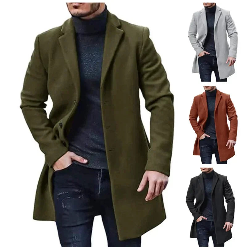 Men's Woolen Overcoat Solid Color Trench Outerwear Cardigan Jaqueta Masculina