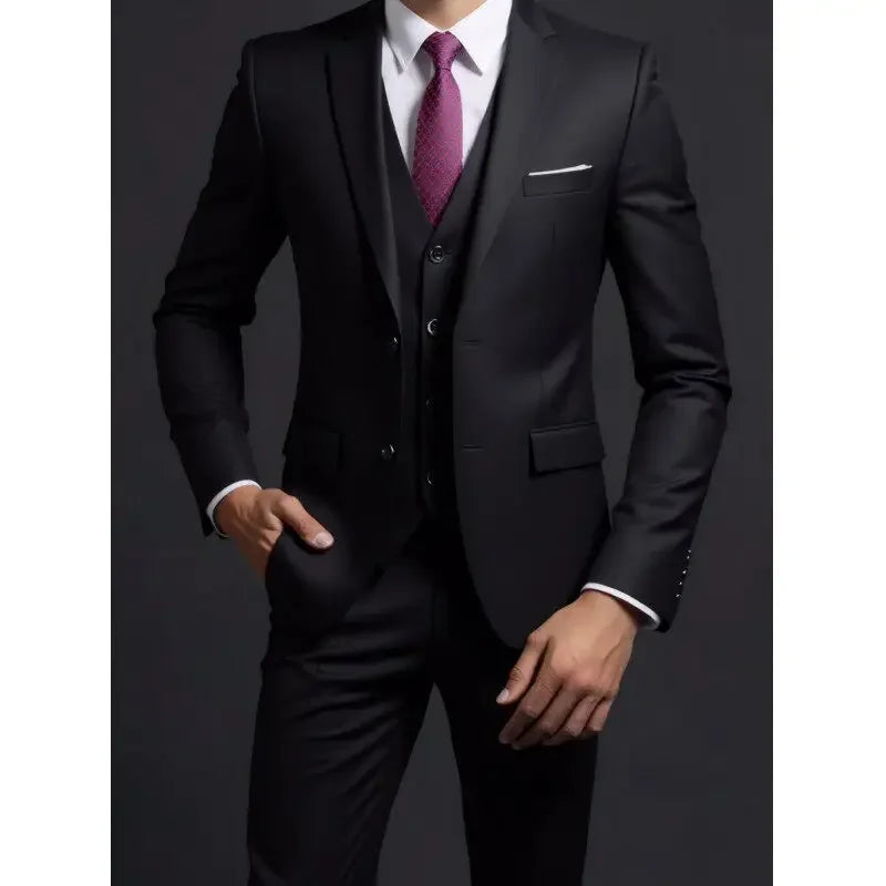 3 Piece Suit (Blazer+ Vest + Trousers) Men's Fashionable Gentleman Business British Style Solid-color Banquet Host Casual Wedding Suit