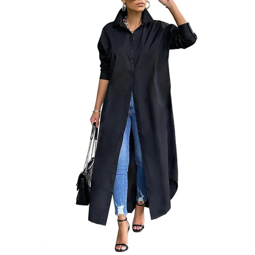 Women Windproof Dress Versatile Hem Solid Color Shirt Long Dress