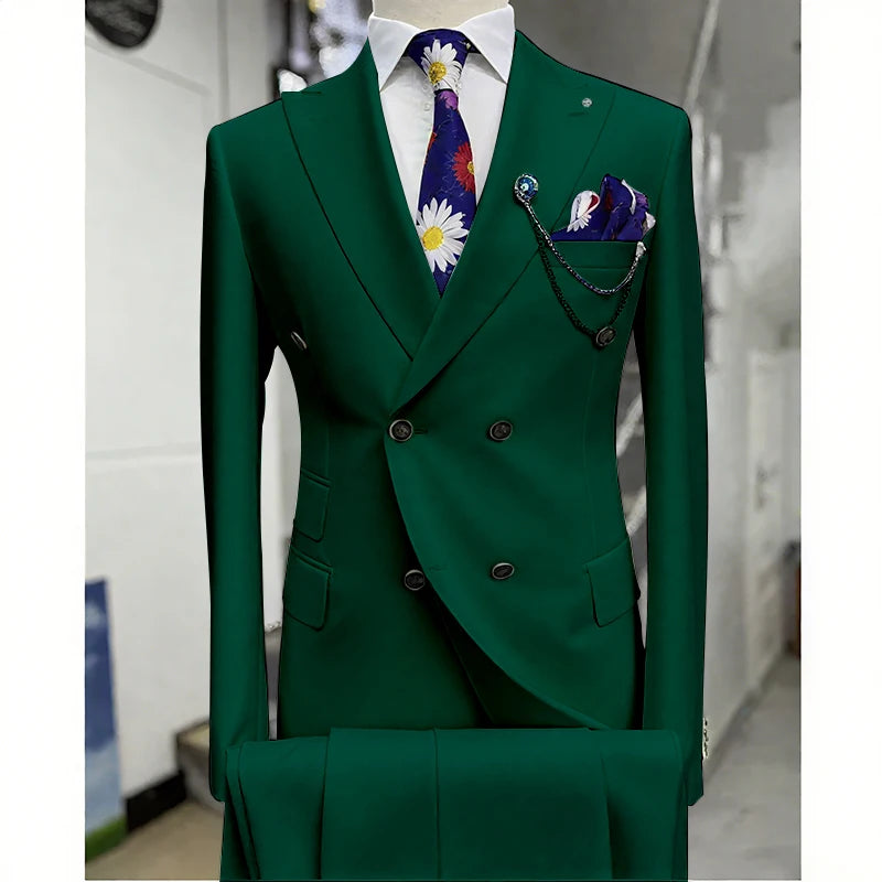 Suits for Men 2 Piece Solid Color Formal Business Casual Male Suit Fashion Peak Lapel Double Breasted Wedding Groom Tuxedo