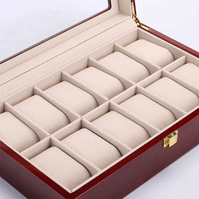 Wooden Luxury Watch Box 2/3/5/6/10/12 Slots Red Boxes Stoving Varnish Home Jewelry Storage Organizer Transparent Glass Show