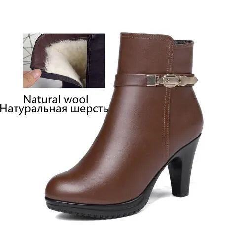 AIYUQI Ankle Boots Genuine Leather Boots Wool Booties High-heeled Snow Boots