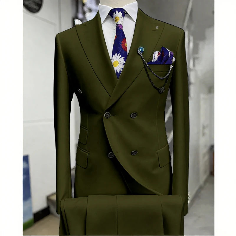 Suits for Men 2 Piece Solid Color Formal Business Casual Male Suit Fashion Peak Lapel Double Breasted Wedding Groom Tuxedo