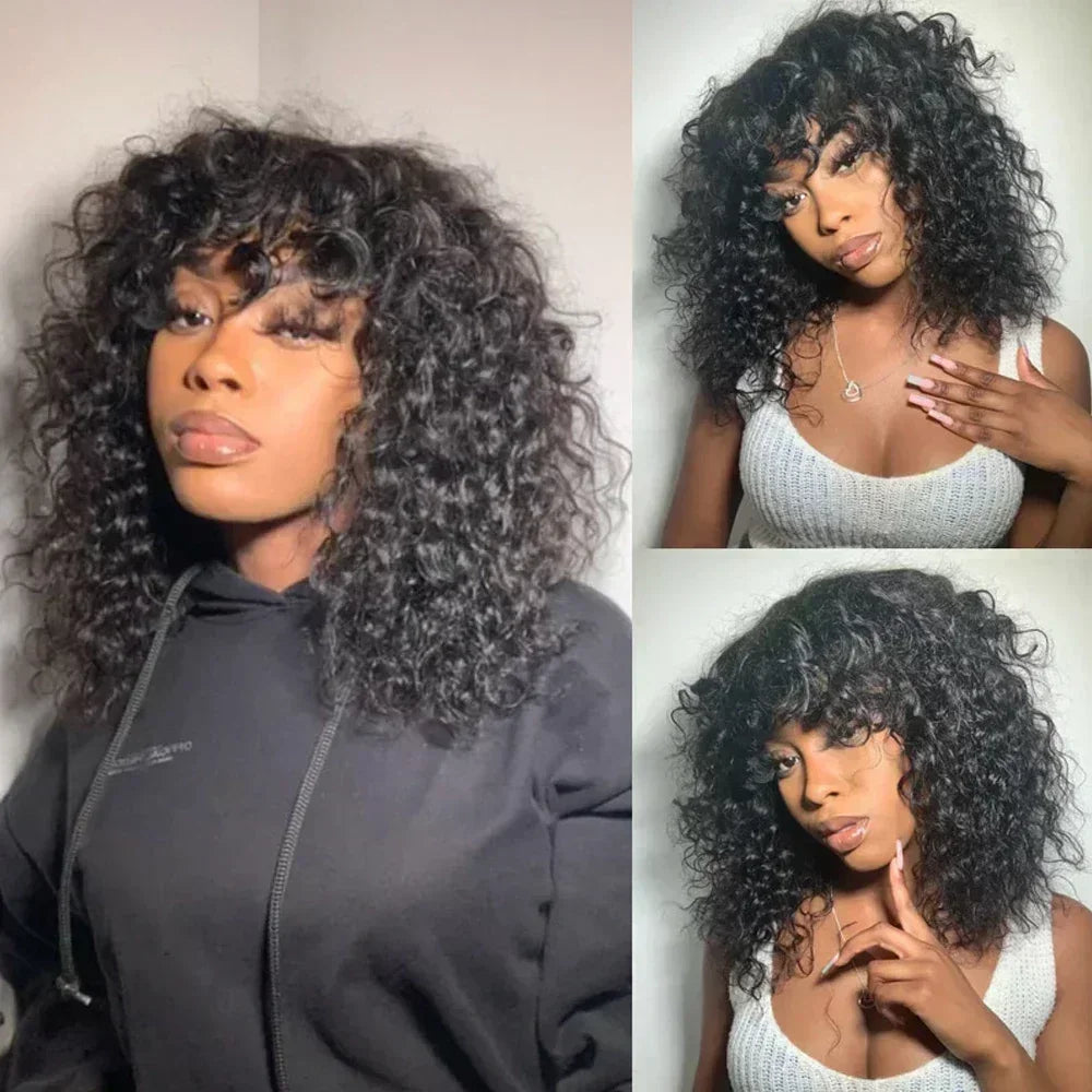 Curly Human Hair Wig With Bangs Brazilian Remy Funmi Short Bob Curly Wigs 180% Density Wig Water Wave Wig Natural Black