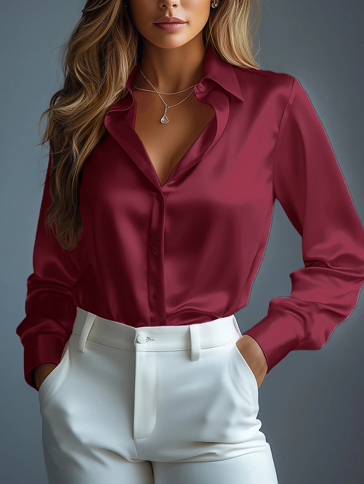 Elegant Plain Long Sleeve Button-Up Blouse