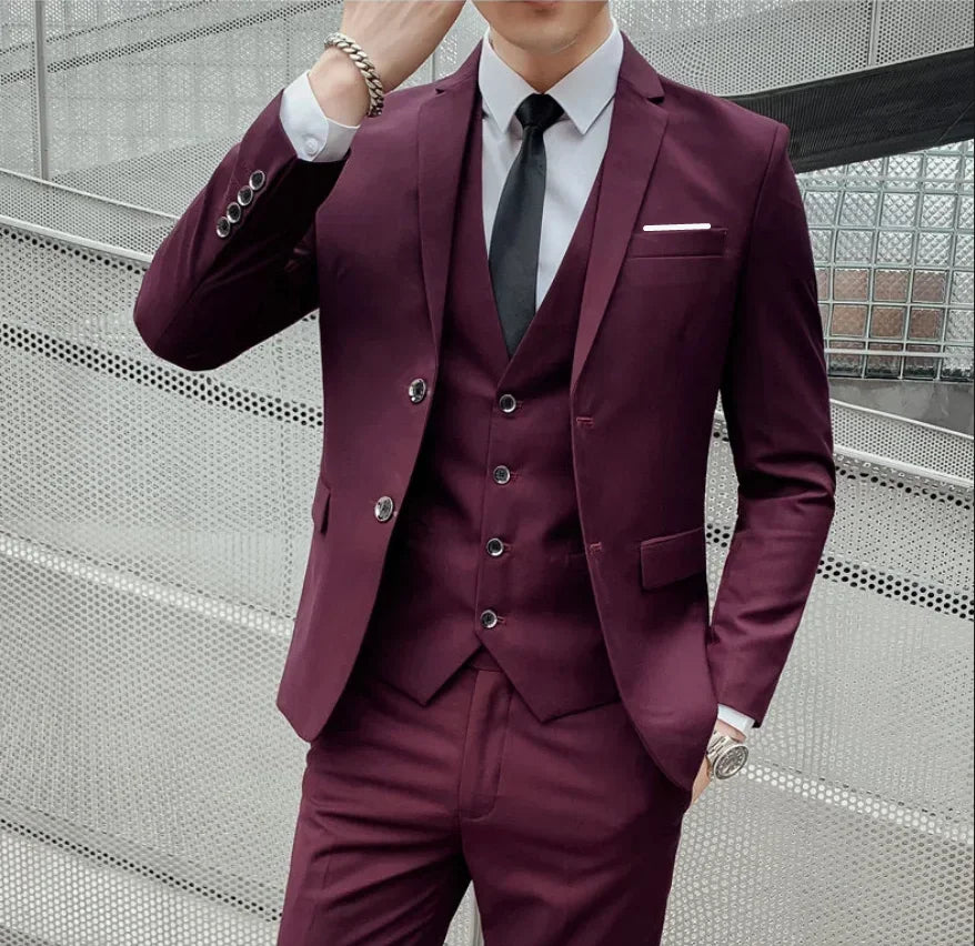 3 Piece Suit (Blazer+ Vest + Trousers) Men's Fashionable Gentleman Business British Style Solid-color Banquet Host Casual Wedding Suit