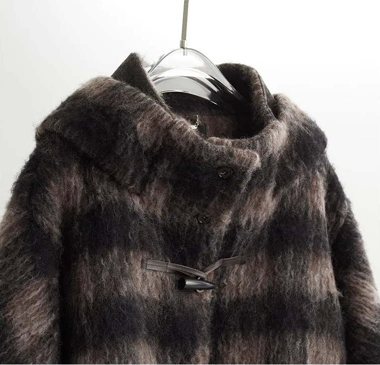 Plaid Coat~ Retro Style Horn Button Mid-Length Coat Women's Alpaca Wool British Style