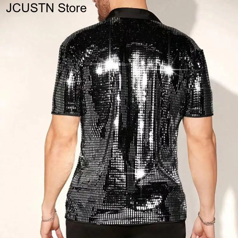 Shiny Sequin Short Sleeve Lapel Glitter Shirt