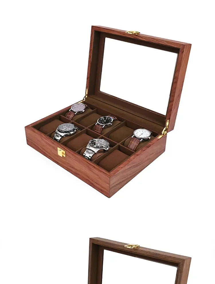 European Vintage Watch Box Organizer Inner Velvet Wood Watch Case Gold Tone Locking Mechanism Custom Logo Secure Display Storage