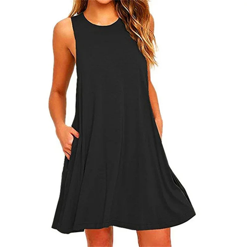 Casual Beach Cover up Plain Pleated Tank Pockets Dress