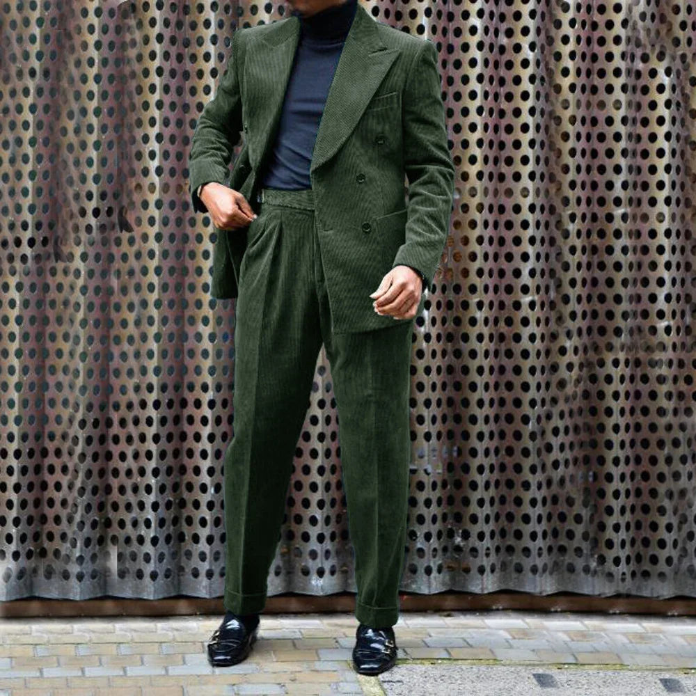 Men's Corduroy Suit Peak Lapel 2 Piece Jacket + Pants Double Breasted Best Party Casual Men's Wedding Outfit Full Suit