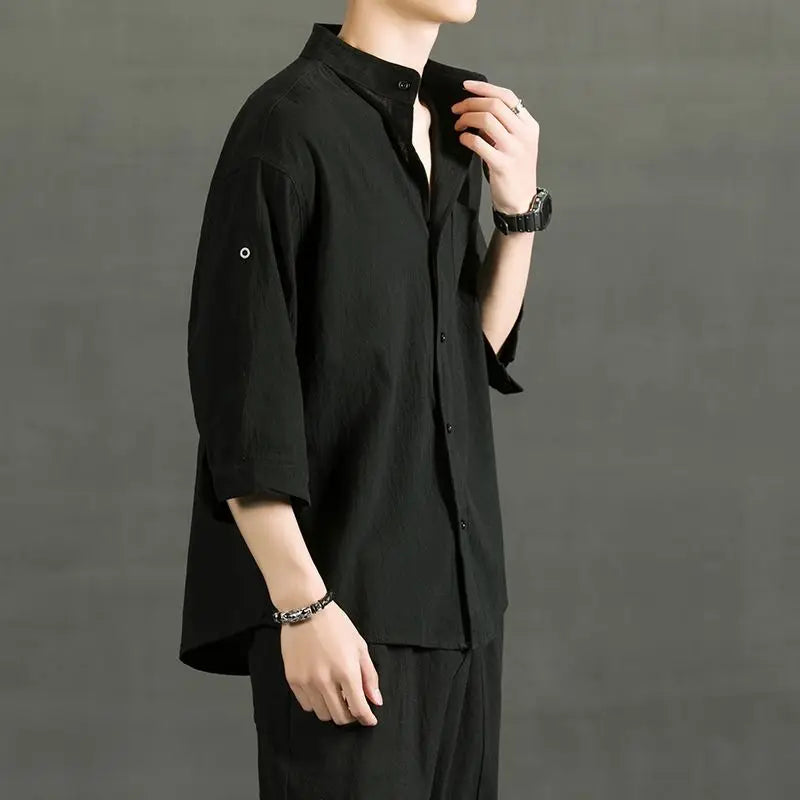 Plain Linen And Cotton Half Sleeve Shirt