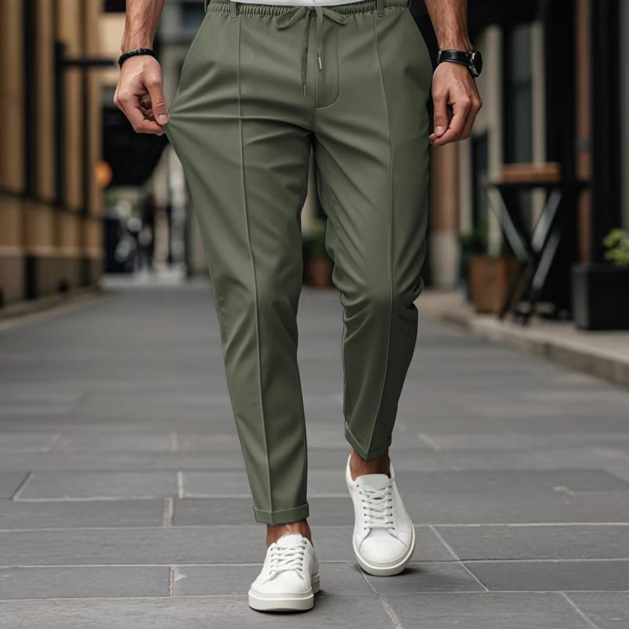 Solid-Color Straight-Leg Trousers
