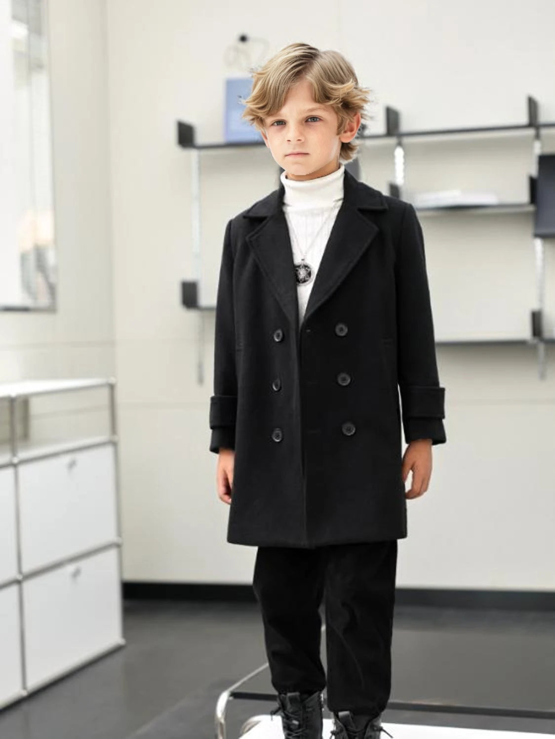 Handsome Boys British Style Winter Wool Long Coat 3-15Y
