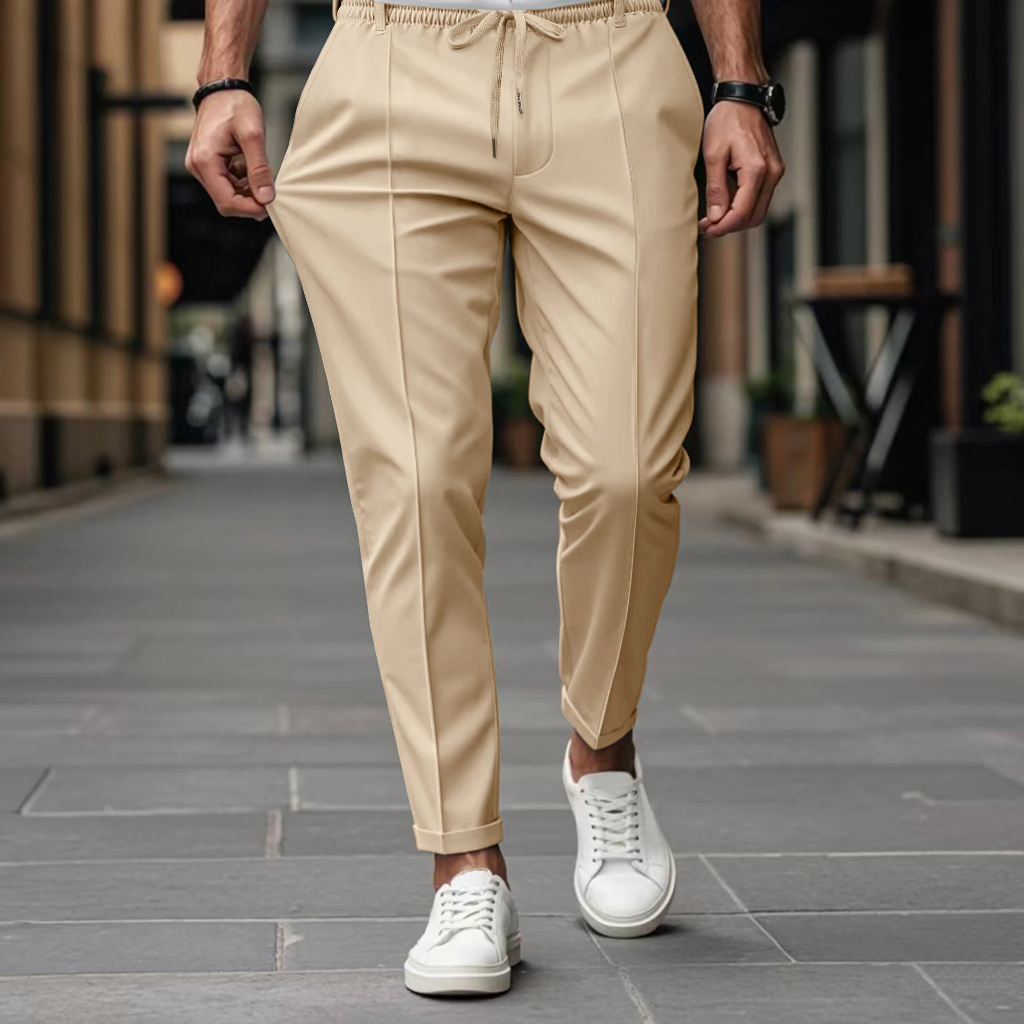 Solid-Color Straight-Leg Trousers