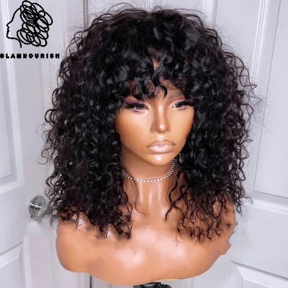 Curly Human Hair Wig With Bangs Brazilian Remy Funmi Short Bob Curly Wigs 180% Density Wig Water Wave Wig Natural Black