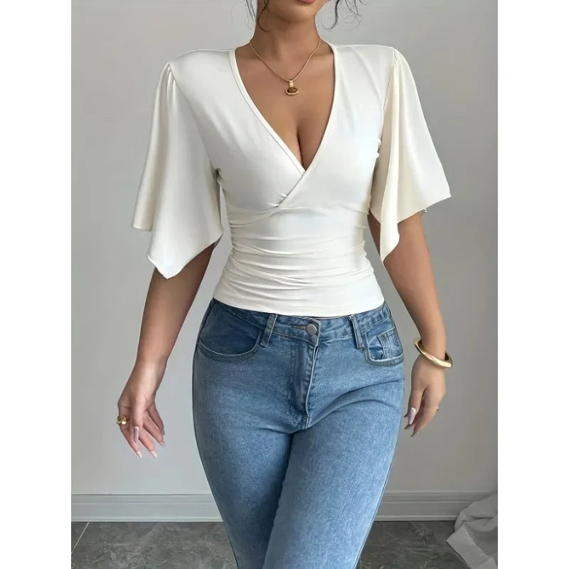 Solid Colour Casual Flared Sleeve Slim Deep V Neck Sexy T-Shirt Top