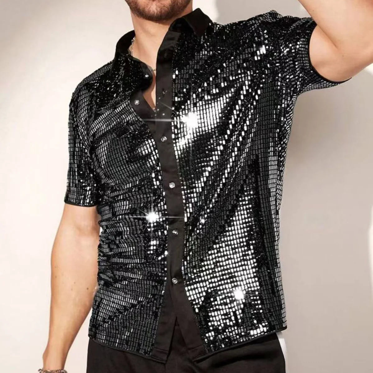 Shiny Sequin Short Sleeve Lapel Glitter Shirt