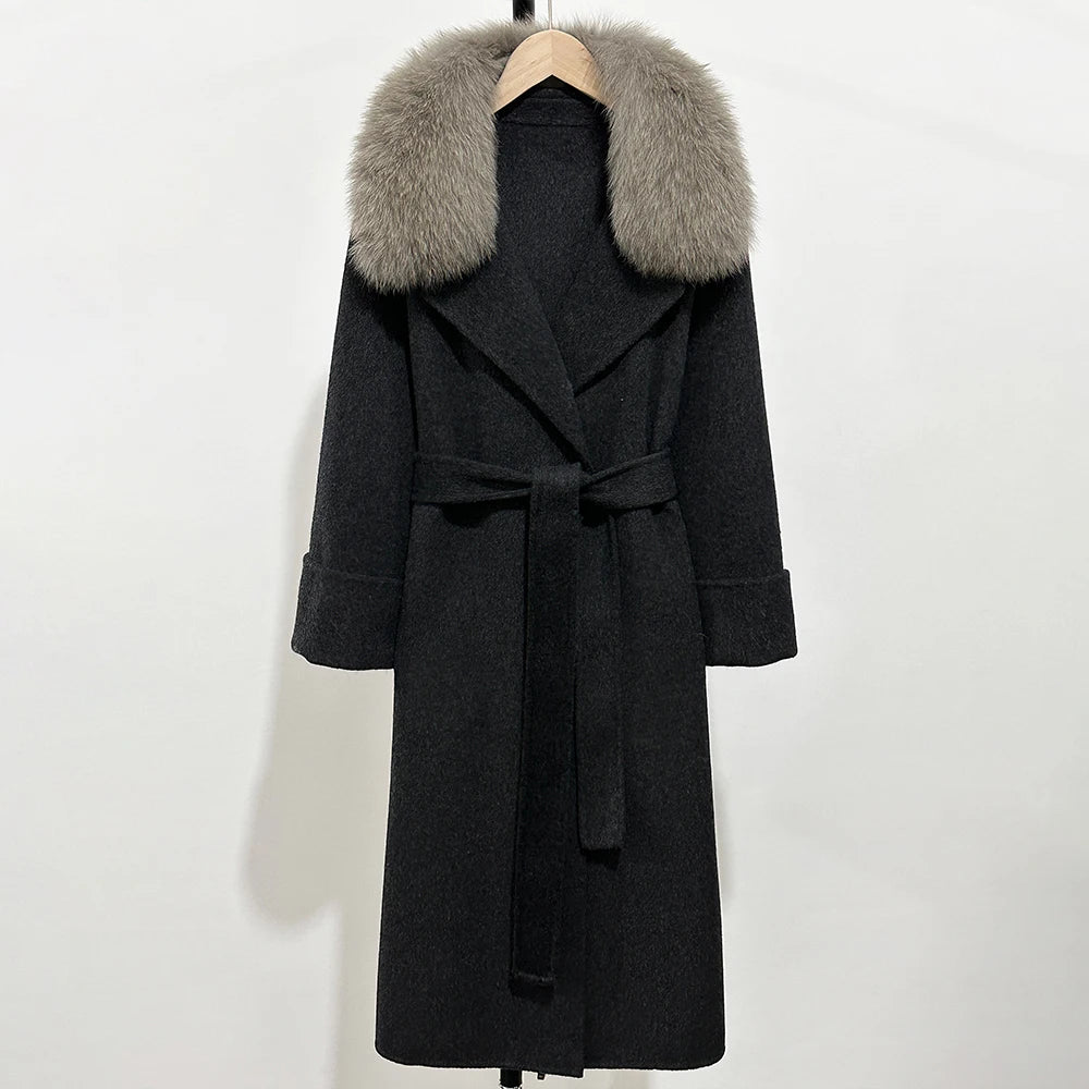 Fox Fur Collar Elegant Double-sided Wool Blend Coat Cashmere Wool Jacket