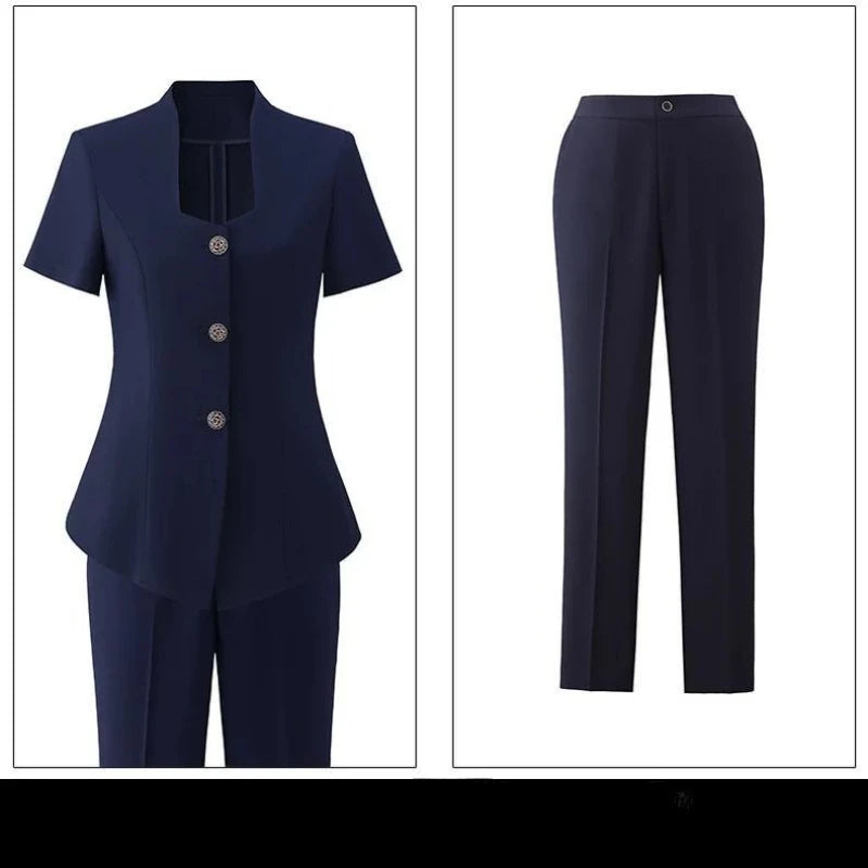 Women's Professional  Suit Set Short-Sleeve Formal Suit with Long Pants