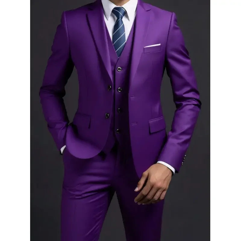 3 Piece Suit (Blazer+ Vest + Trousers) Men's Fashionable Gentleman Business British Style Solid-color Banquet Host Casual Wedding Suit