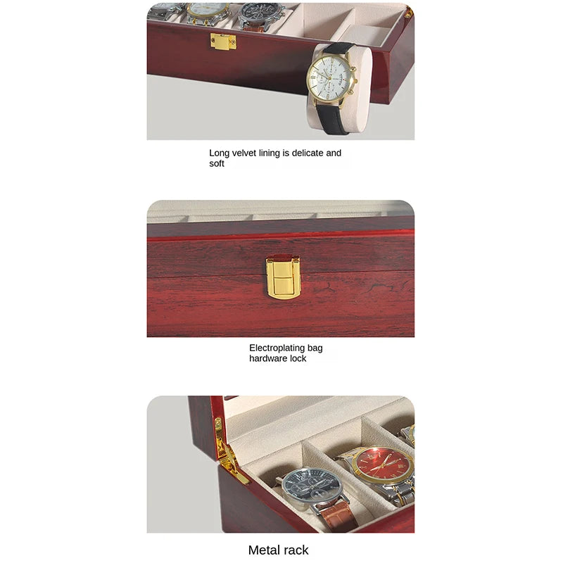 Wooden Luxury Watch Box 2/3/5/6/10/12 Slots Red Boxes Stoving Varnish Home Jewelry Storage Organizer Transparent Glass Show