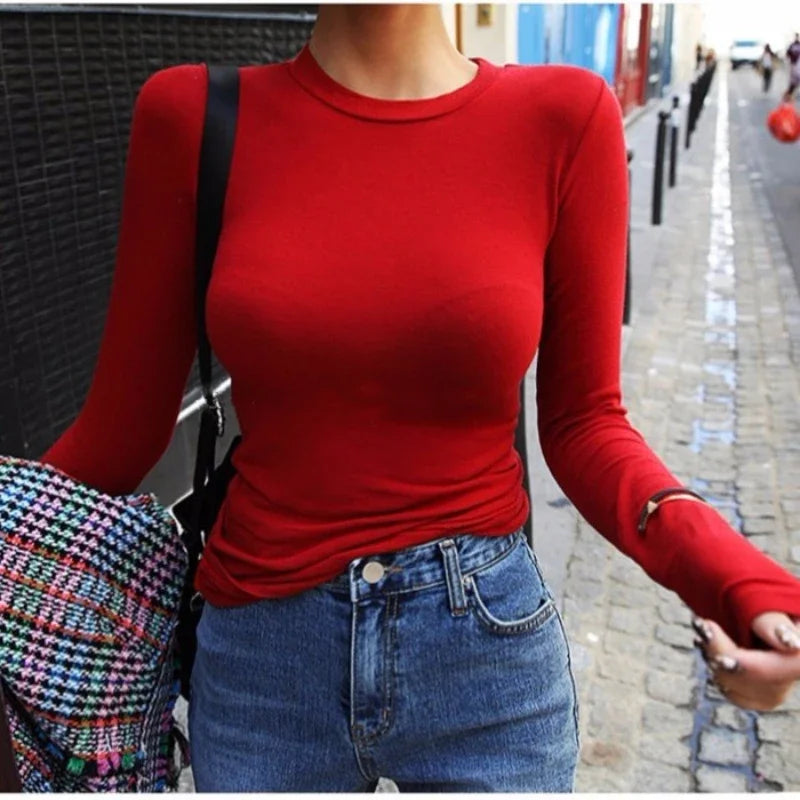 Slim Fit Plain Long Sleeve Tops Round Neck Bodysuit Regular Casual T-Shirts