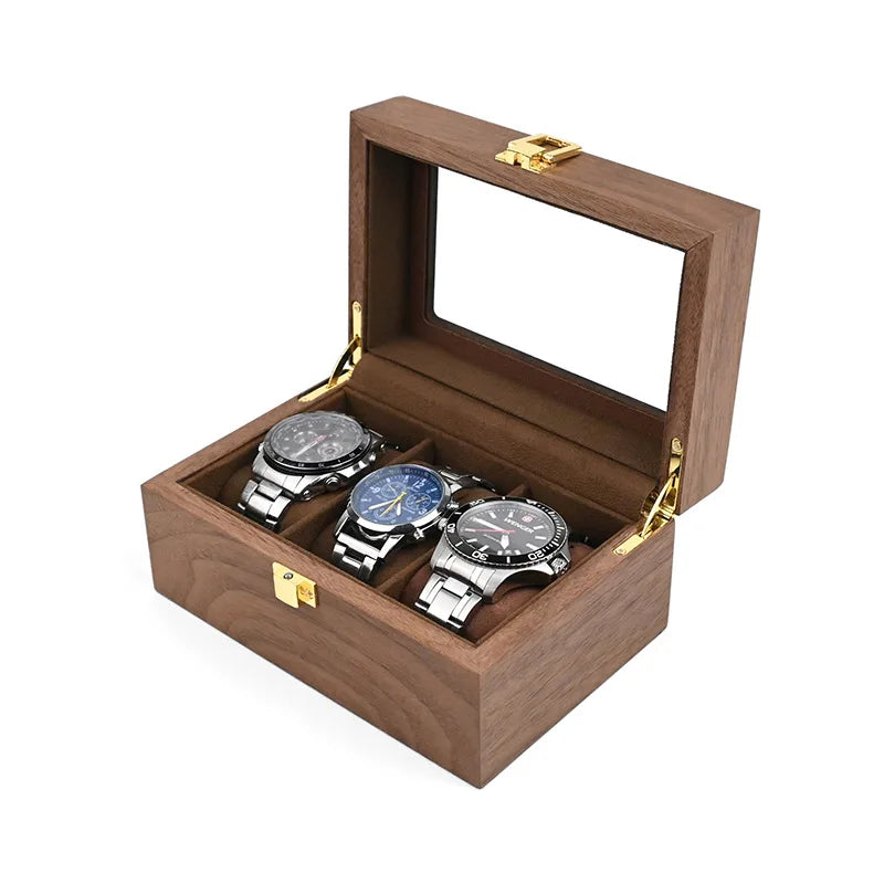 European Vintage Watch Box Organizer Inner Velvet Wood Watch Case Gold Tone Locking Mechanism Custom Logo Secure Display Storage
