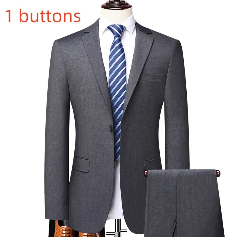 Suit (Blazer+ Pants) Fashion Men Outdoor Business Casual British Style Solid Color