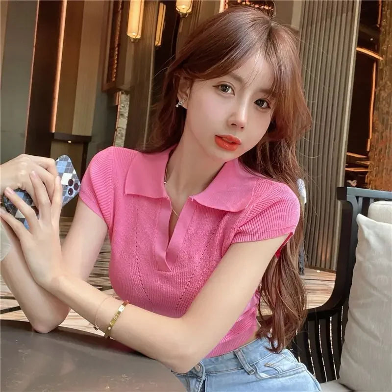 Polo Shirts Plain Sexy Pink Slim Tee Coquette shirts
